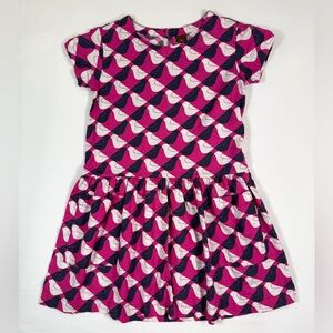 TEA‎ Girls Dress Size 7 Pink Bird Print Short Sleeve Fit And Flare Playful